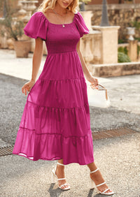 Casual Short Sleeved Square Neck Layered Pleated Dress