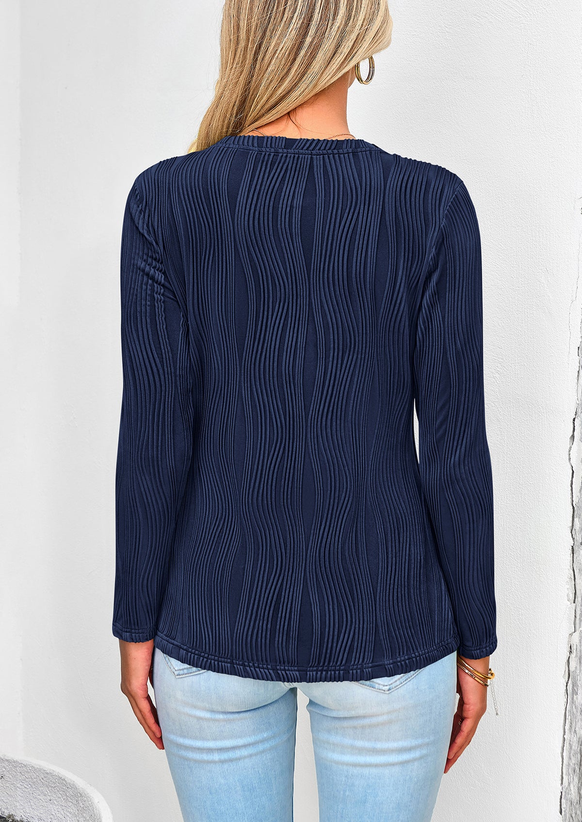 Plain Long Sleeve Crew Neck Textured Casual T-shirts