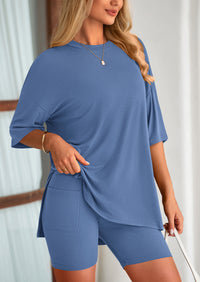 Casual Short Sleeved Round Neck Top Paired With Shorts Two-Piece Set