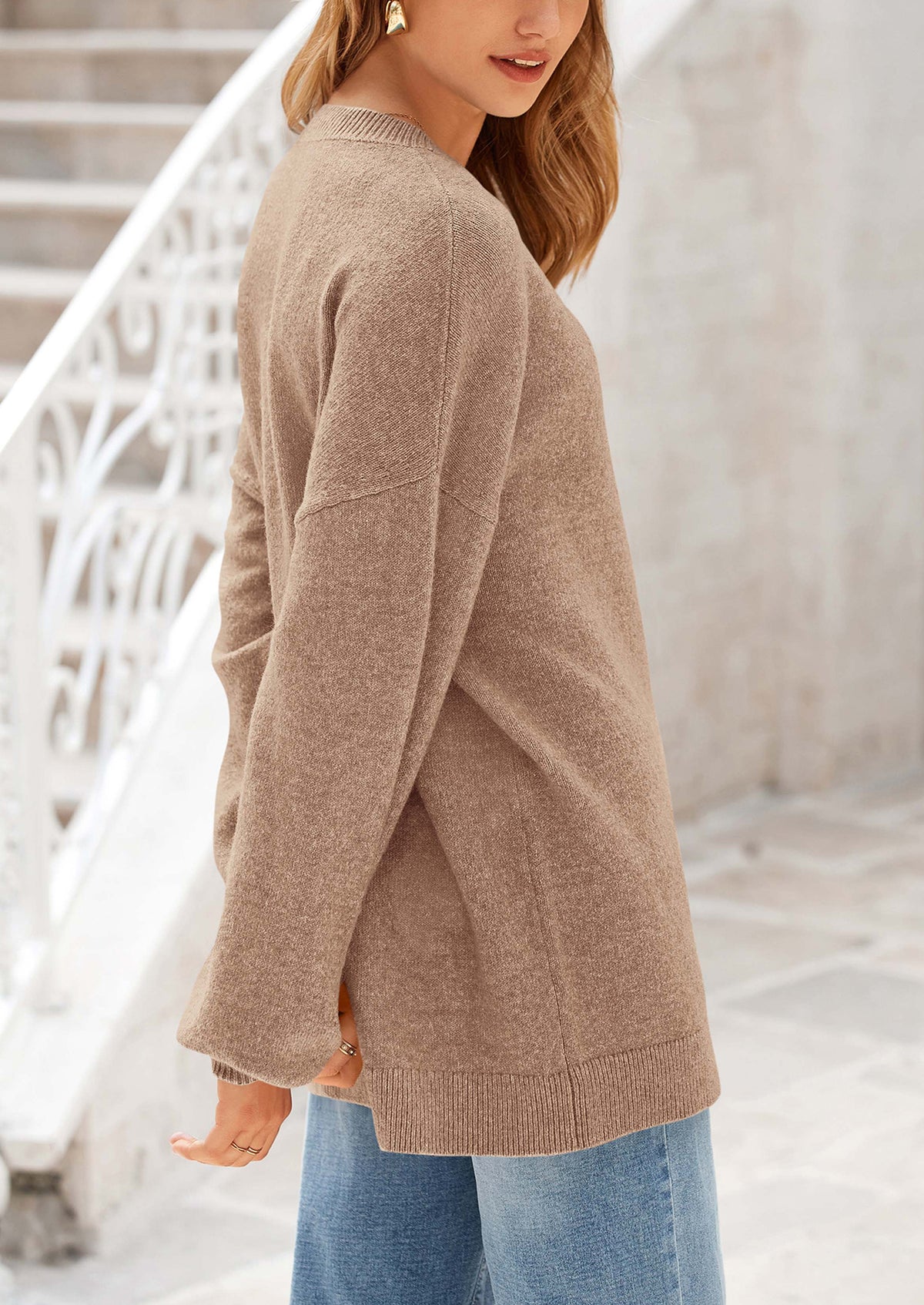 Casual Crew Neck Long Sleeve Pullover Ribbed Knit Loose Fit Sweaters