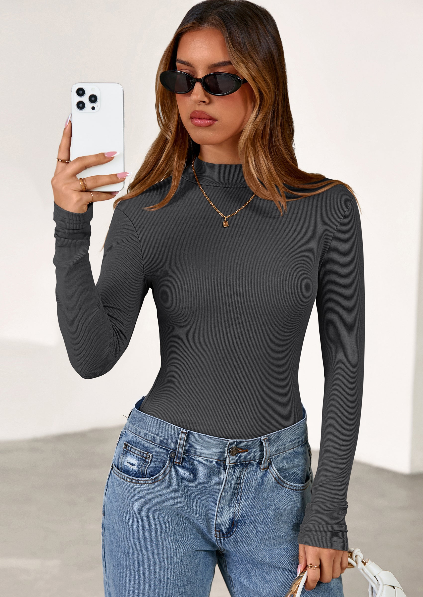PRETTYGARDEN Women's Turtleneck Long Sleeve Shirts Fall Basic Tees Ribbed Fitted Tops Thermal Layering Knit Top Clothes