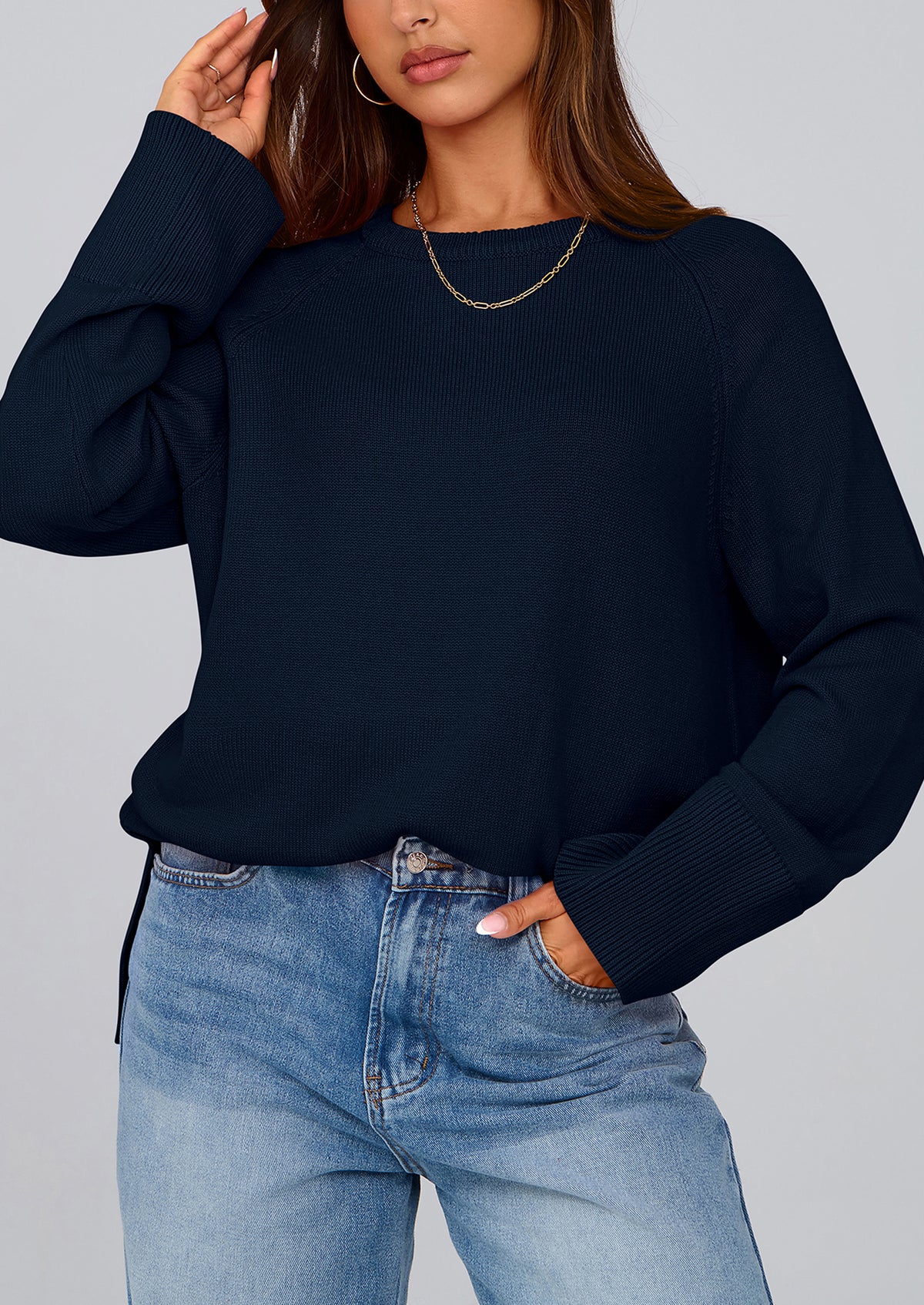 Knit Long Sleeve Crew Neck Split Hem Loose Oversized Tunic Sweaters