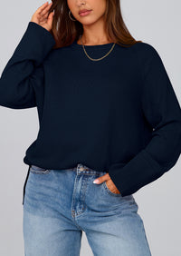 Knit Long Sleeve Crew Neck Split Hem Loose Oversized Tunic Sweaters