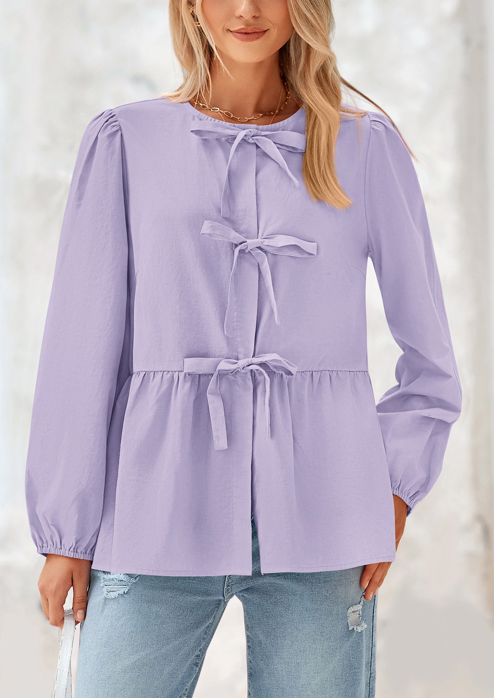 PRETTYGARDEN Women's Spring Fall Babydoll Peplum Blouse Shirt Puff Long Sleeve Bow Tie Front Trendy Cute Y2K Going Out Tops