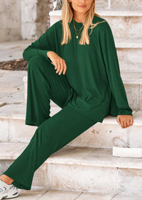 Long Sleeve High Low Tops T-Shirts Wide Leg Pants Two Piece Sets