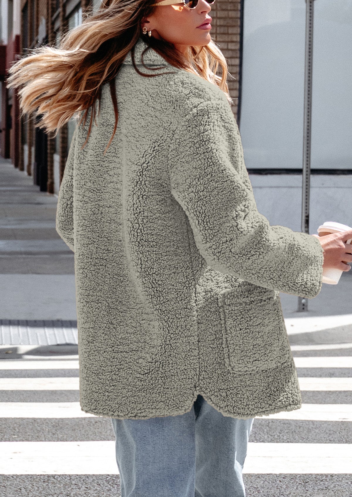 Long Sleeve Lapel Button Down Pockets Fleece Faux Fur Coats