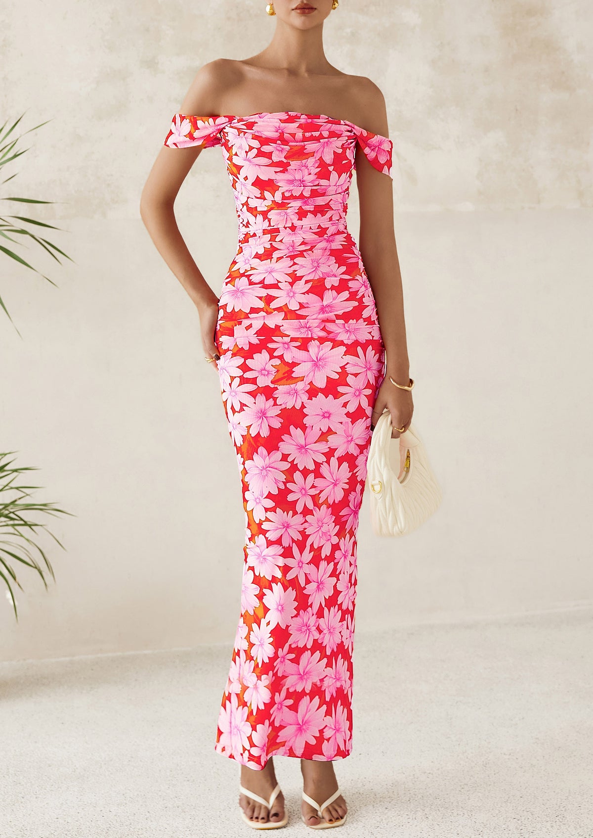 Ruched Bodycon Off Shoulder Floral Mesh Cocktail Party Fitted Maxi Dress