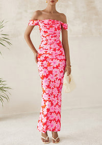 Ruched Bodycon Off Shoulder Floral Mesh Cocktail Party Fitted Maxi Dress