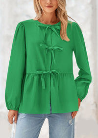 PRETTYGARDEN Women's Spring Fall Babydoll Peplum Blouse Shirt Puff Long Sleeve Bow Tie Front Trendy Cute Y2K Going Out Tops