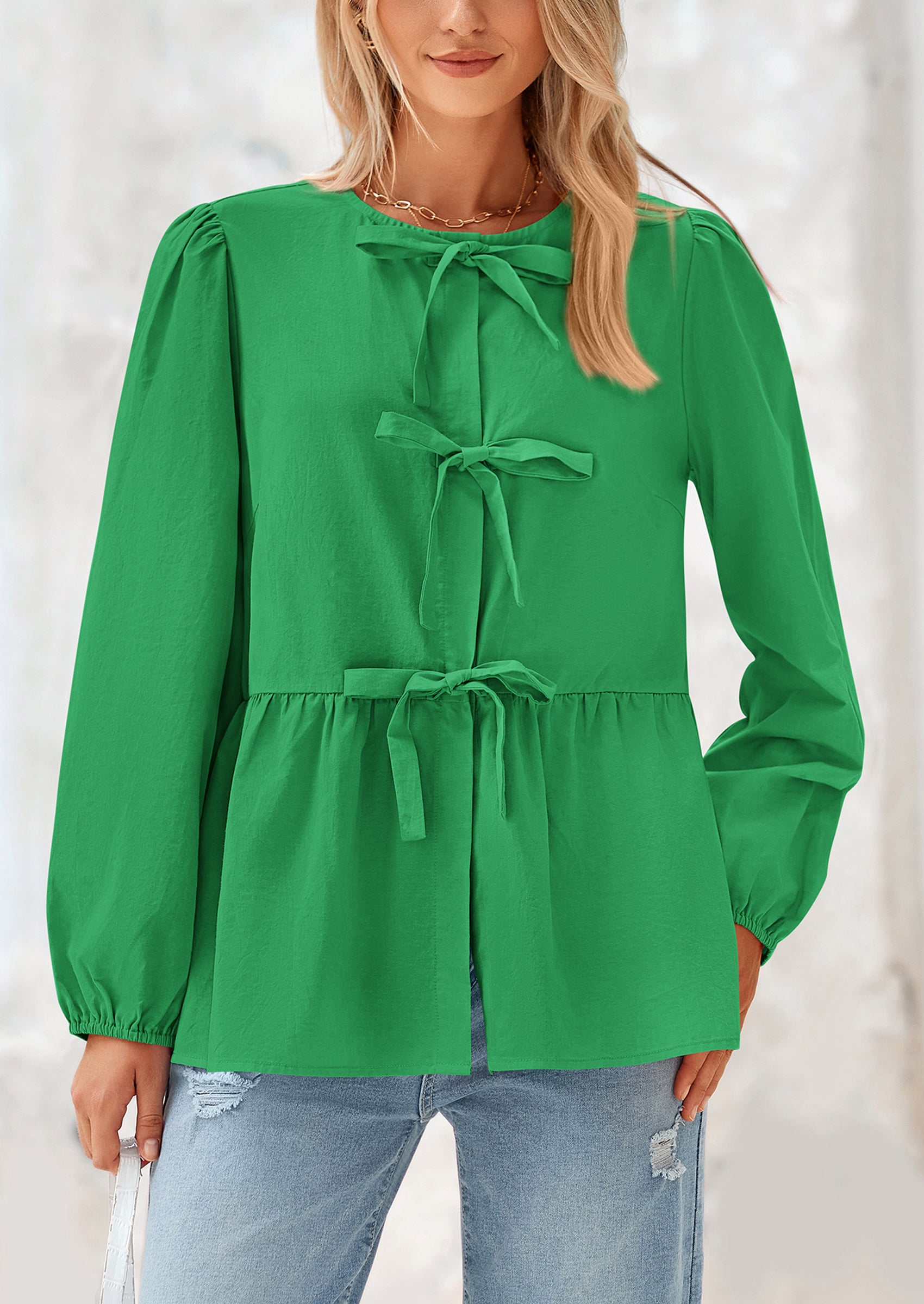 PRETTYGARDEN Women's Spring Fall Babydoll Peplum Blouse Shirt Puff Long Sleeve Bow Tie Front Trendy Cute Y2K Going Out Tops