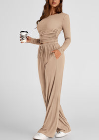 Long Sleeve Crop Tee Wide Leg Pants Two Piece Sets