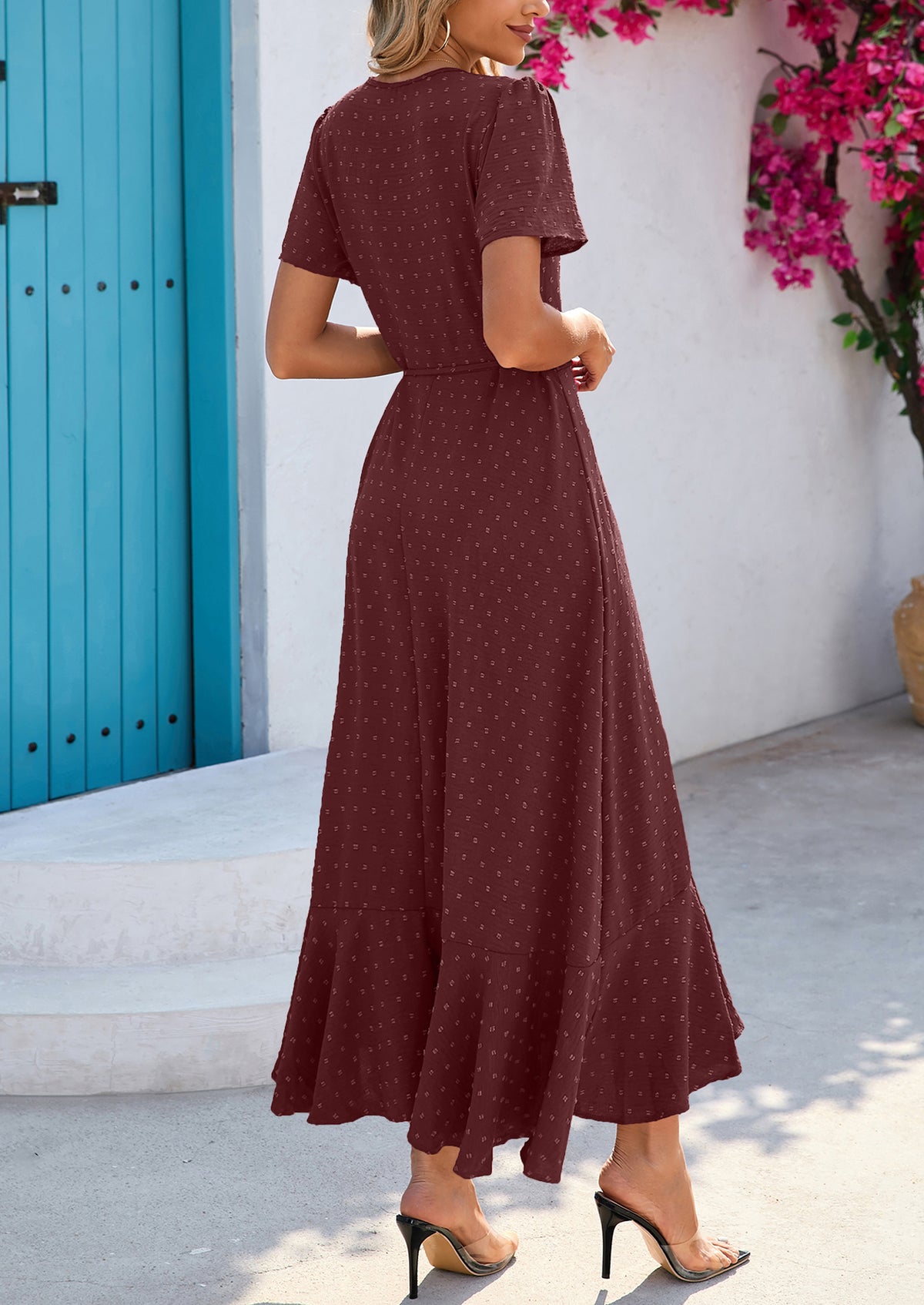 Leisure Bohemian Flower V-Neck Short Sleeved Ruffled Beach Long Skirt