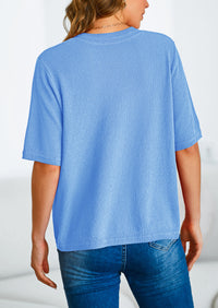 Button Down Casual Short Sleeve Crew Neck Ribbed Knit Shirts