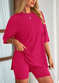 Casual Short Sleeved Round Neck Top Paired With Shorts Two-Piece Set