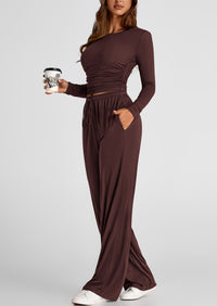 Long Sleeve Crop Tee Wide Leg Pants Two Piece Sets