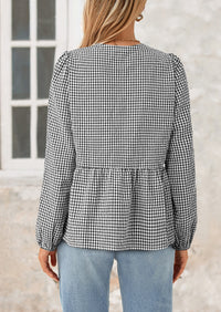 Babydoll Peplum Puff Long Sleeve Bow Tie Front Cute Y2K Blouses