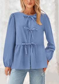 PRETTYGARDEN Women's Spring Fall Babydoll Peplum Blouse Shirt Puff Long Sleeve Bow Tie Front Trendy Cute Y2K Going Out Tops