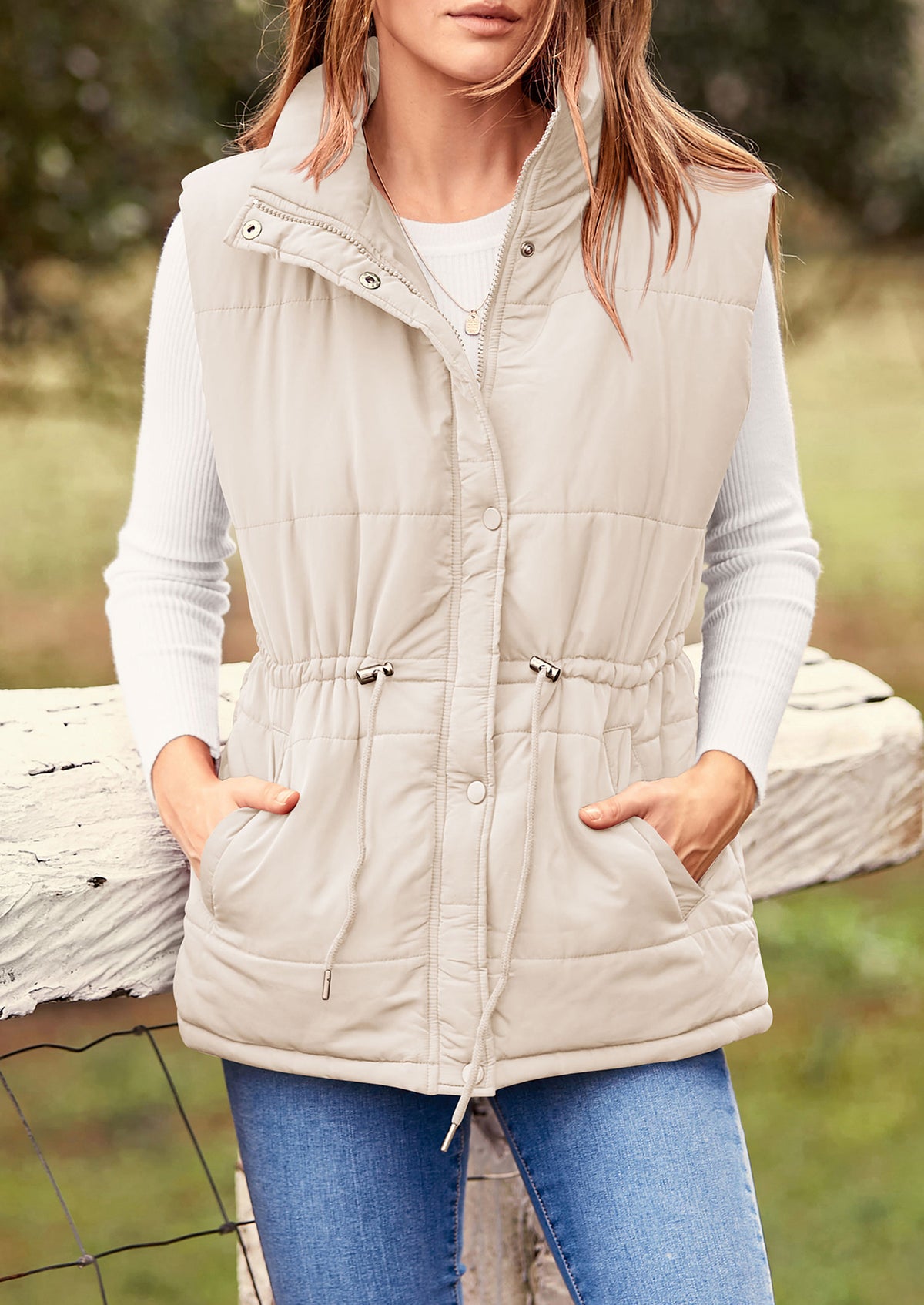 Casual Button Zipper Vest, Drawstring Sleeveless Jacket