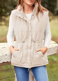 Casual Button Zipper Vest, Drawstring Sleeveless Jacket
