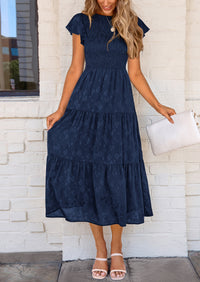 Floral  Summer Cap Sleeve Smocked Ruffle A Line Long Flowy Wedding Guest Midi Dresses