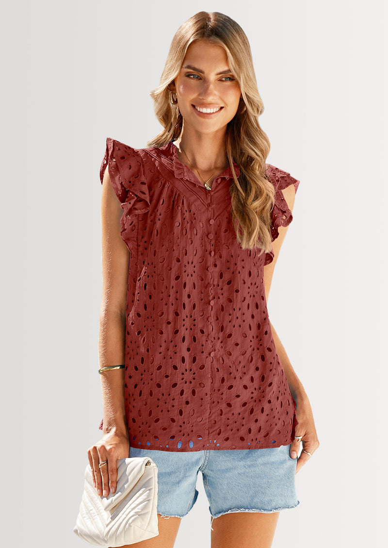 PRETTYGARDEN Womens Summer Tops 2025 Dressy Casual Ruffle Cap Sleeve Button V Neck Embroidered Eyelet Blouses Shirts