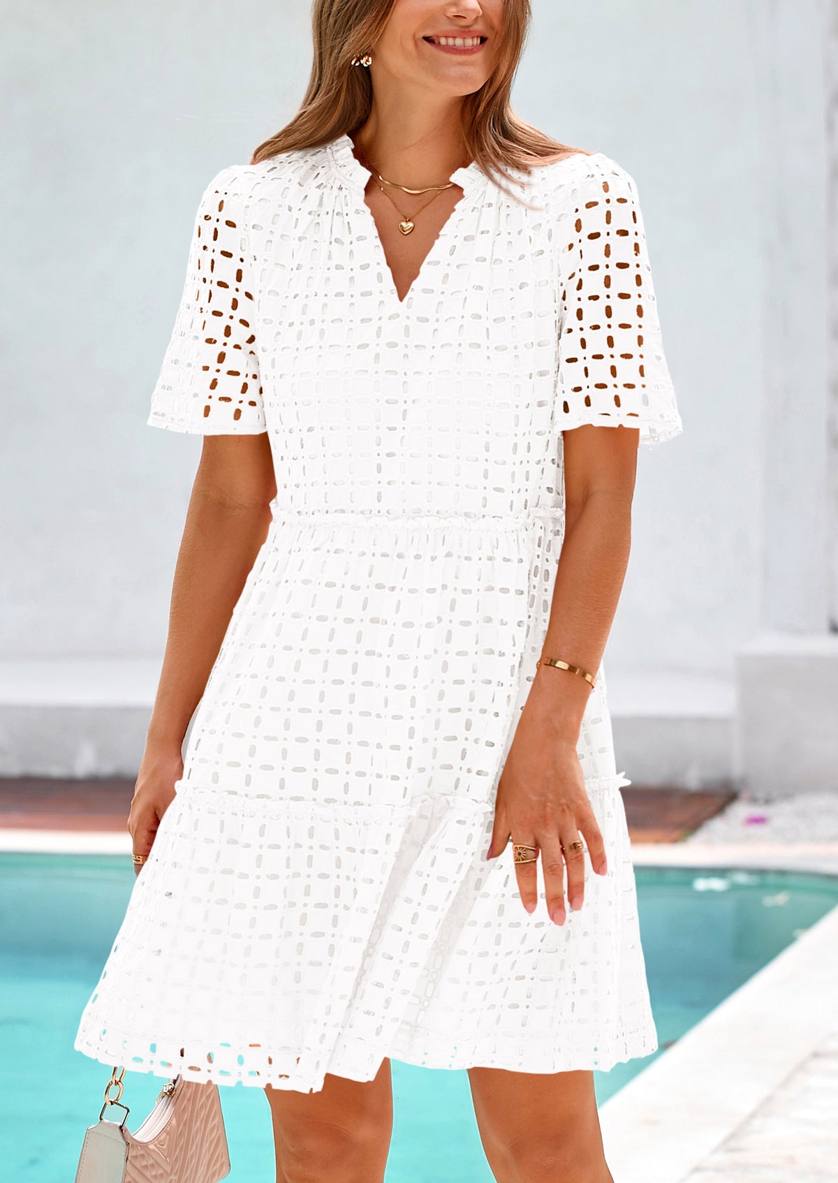 Short Sleeve V Neck Hollow Out Eyelet Ruffle A Line Swing Mini Dress