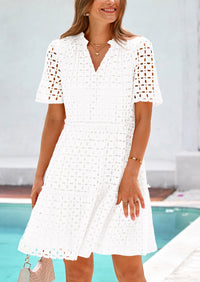 Short Sleeve V Neck Hollow Out Eyelet Ruffle A Line Swing Mini Dress