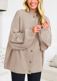 PRETTYGARDEN Women's Winter Button Down Cardigan Sweaters Mock Neck Lantern Long Sleeve Chunky Knit Jacket Trendy Outerwear