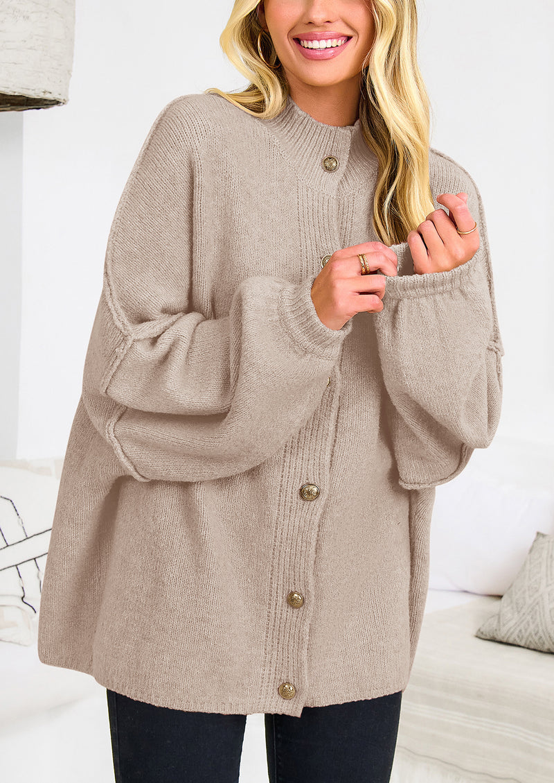 PRETTYGARDEN Women's Winter Button Down Cardigan Sweaters Mock Neck Lantern Long Sleeve Chunky Knit Jacket Trendy Outerwear