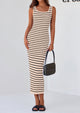 Casual Sleeveless Striped Ribbed Knit Beach Vacation Sundress Tank Midi Dress
