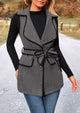 Tweed Sleeveless Lapel Button Front Belt Color Block Vest Jackets