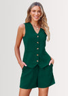PRETTYGARDEN Women's Summer 2 Piece Outfits Sleeveless Matching Sets Button Down V Neck Vest Waistcoat and Pockets Shorts