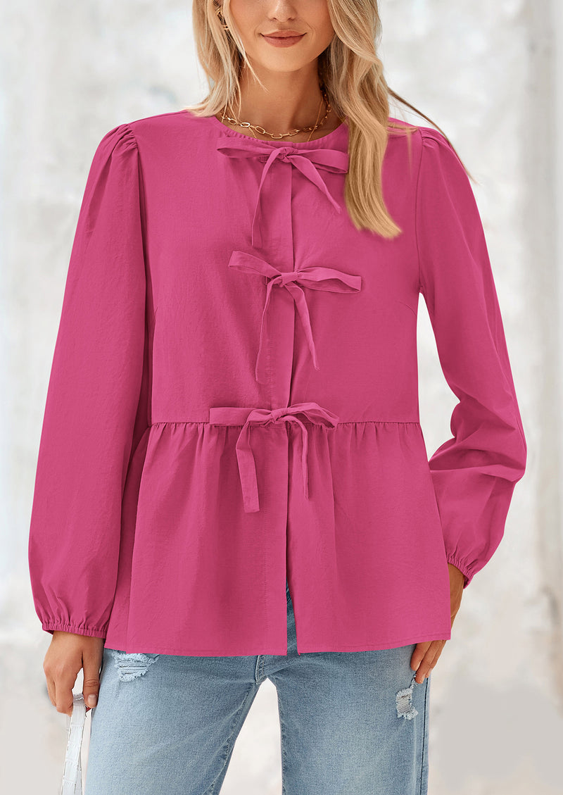 PRETTYGARDEN Women's Spring Fall Babydoll Peplum Blouse Shirt Puff Long Sleeve Bow Tie Front Trendy Cute Y2K Going Out Tops