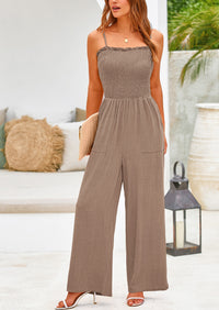 Linen Smocked Spaghetti Strap Pockets Wide Leg Jumpsuits