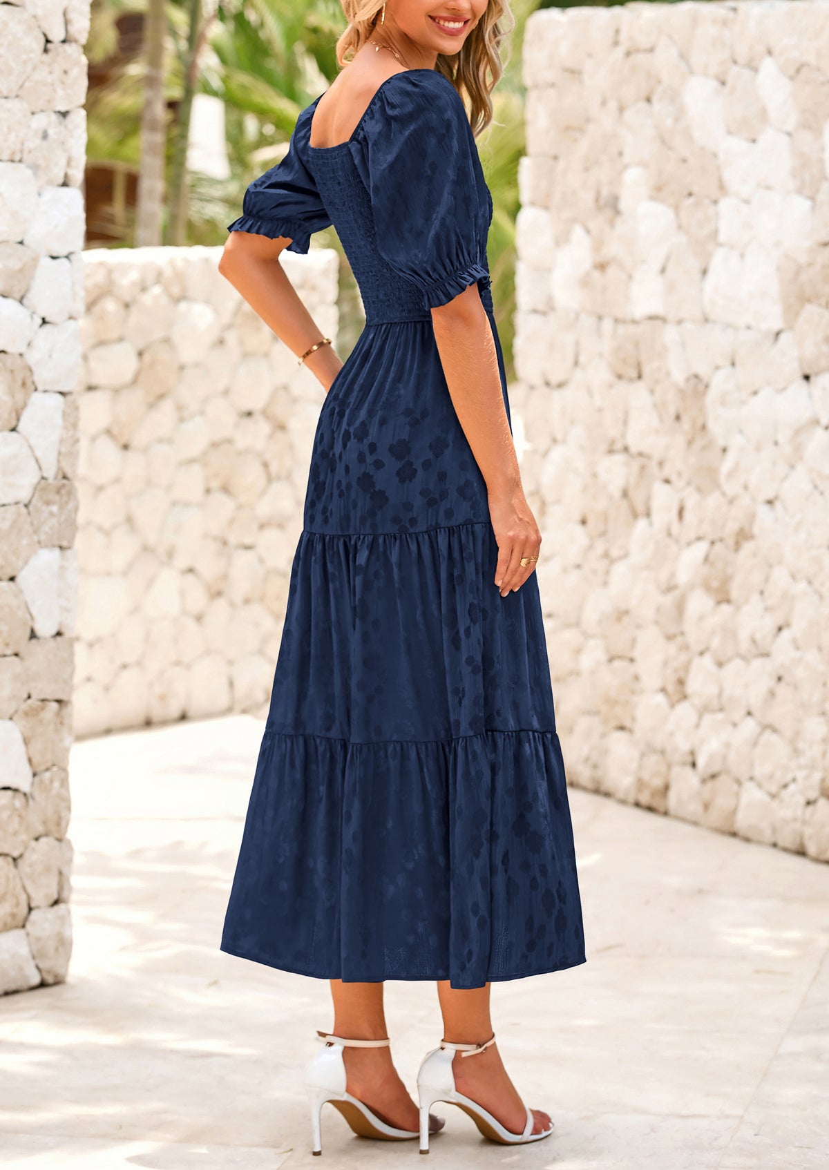 Casual Square Neck Short Sleeve Smocked A Line Floral Flowy Elegant Boho Midi Dresses