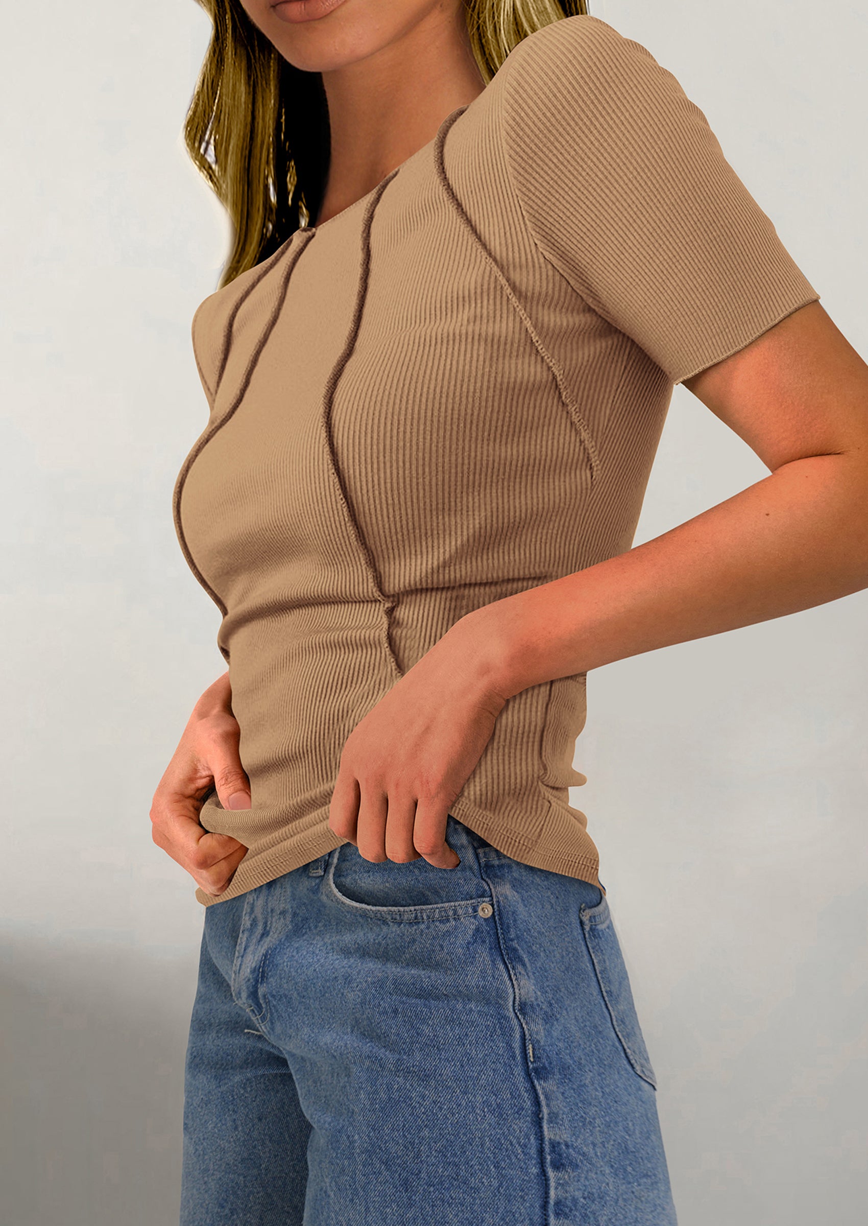 KIRUNDO Ribbed Short Sleeve Tops for Women Summer Casual Crew Neck Cute Crop Basic Tees Slim Fit Exposed Seams T Shirts