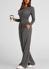 Long Sleeve Crop Tee Wide Leg Pants Two Piece Sets