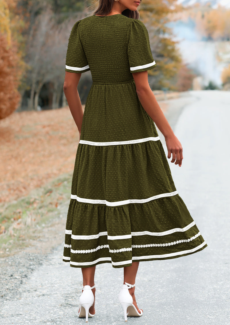 PRETTYGARDEN Women's Casual Summer Maxi Dress Short Sleeve Swiss Dot V Neck Smocked Long Flowy Beach Dresses