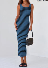 Casual Sleeveless Striped Ribbed Knit Beach Vacation Sundress Tank Midi Dress