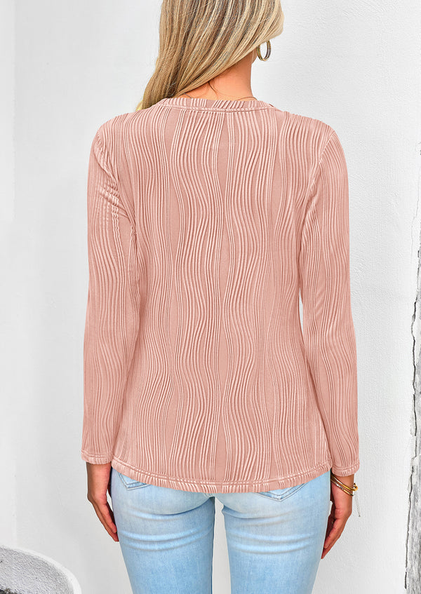 Plain Long Sleeve Crew Neck Textured Casual T-shirts