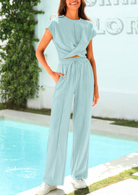 Twist Front Crop T-Shirts Wide Leg Pants Two Piece Sets