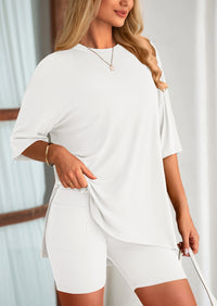 Casual Short Sleeved Round Neck Top Paired With Shorts Two-Piece Set