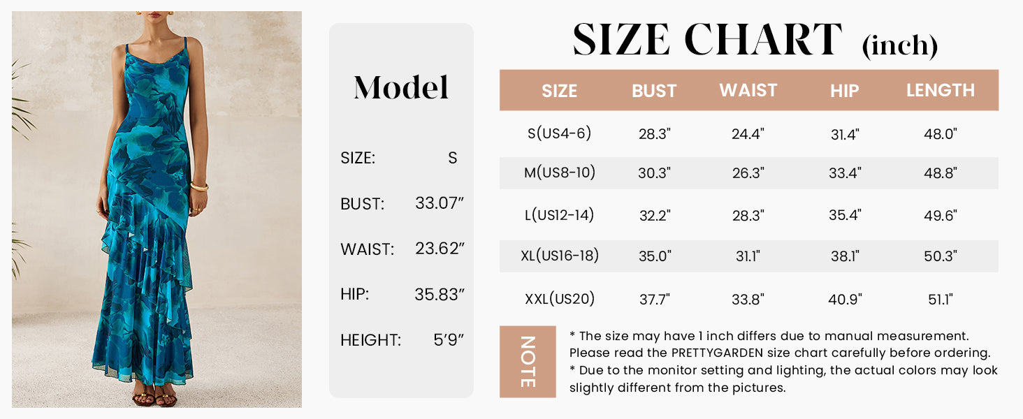 PRETTYGARDEN Maxi Dresses for Women Floral Beach Sundress Spaghetti Strap Tiered Wedding Guest Long Dress