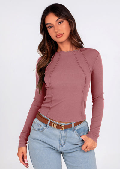 KIRUNDO Ribbed Long Sleeve Tops for Women Stretch Slim Basic Crop Tee Exposed Seams Spring Fall Fashion Trendy Tshirt