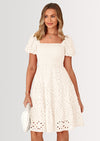 PRETTYGARDEN Womens Summer Puff Sleeve Mini Dress Off Shoulder Eyelet Smocked A Line Casual Babydoll Short Dresses