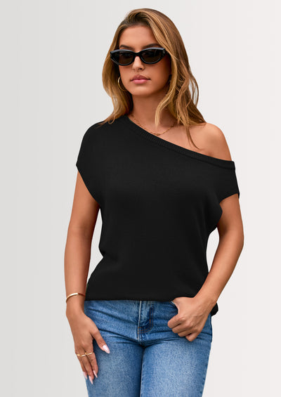 PRETTYGARDEN Womens Off The Shoulder Tops Summer Casual Short Sleeve Tunic T Shirts Lightweight Knit Sweaters