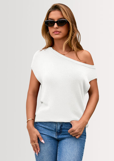 PRETTYGARDEN Womens Off The Shoulder Tops Summer Casual Short Sleeve Tunic T Shirts Lightweight Knit Sweaters