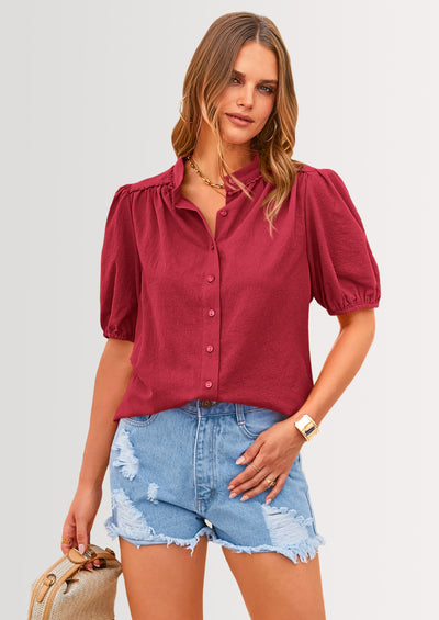 PRETTYGARDEN Women's Summer Tops Button Down Shirts Short Lantern Sleeve V Neck Cotton Cute Dressy Casual Blouses