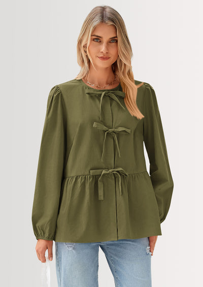 PRETTYGARDEN Women's Spring Fall Babydoll Peplum Blouse Shirt Puff Long Sleeve Bow Tie Front Trendy Cute Y2K Going Out Tops