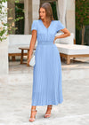 PRETTYGARDEN Women's Maxi Dresses Summer Trendy Cap Short Sleeve Button V Neck Casual Flowy Pleated Long Dress